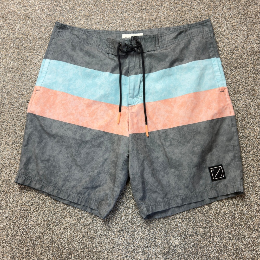 American Eagle Mens Board Shorts Gray Turquoise Peach Striped Swim Trunks L
